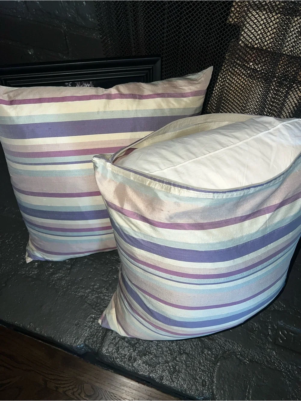 Striped Decorative Throw Pillows in Pastel Blue & Lavender Linen like texture